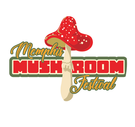 Logo for the "Memphis Mushroom Festival" features a prominent red and white spotted toadstool mushroom above the event title.