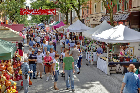 Crowds gather at the 24th Annual Mushroom Festival in Kennett Square, Pennsylvania, with numerous vendor tents lining a bustling street.