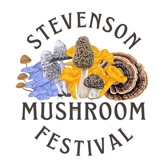 The "Stevenson Mushroom Festival" logo displays various mushroom types, including morels, chanterelles, turkey tail, and blue oyster mushrooms.