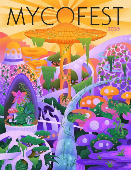 A vibrant, fantastical poster for "MYCOFEST 2025" features a psychedelic landscape of futuristic mushroom architecture, lush flora, and glowing fungi.