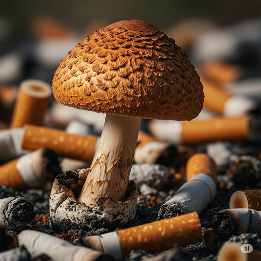 Ai photo of a brown scaly mushroom growing on cigarette butts