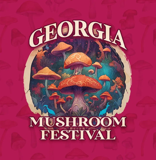 Logo for the "Georgia Mushroom Festival" featuring diverse mushrooms in an earthy, colorful circular design on a red background with mushroom patterns