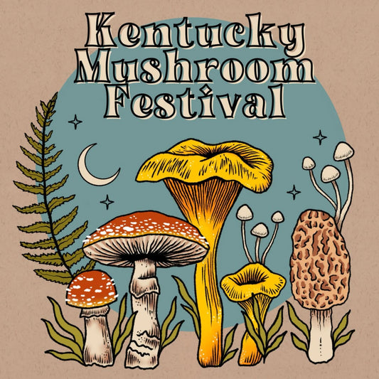 Illustrated poster for the "Kentucky Mushroom Festival" featuring various fungi like Amanita muscaria, chanterelles, and morels under a crescent moon.