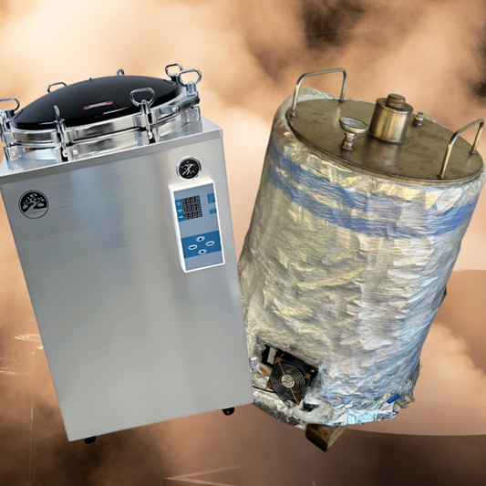 An autoclave next to a barrel sterilizer infront of a cloud of hot steam  
